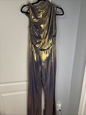 Fashion Nova Metallic Gold Sleeveless Draped Jumpsuit